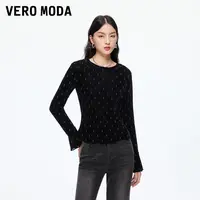 Vero ModaT恤女2025秋冬新款烫钻圆领修身上衣时髦精致325402006