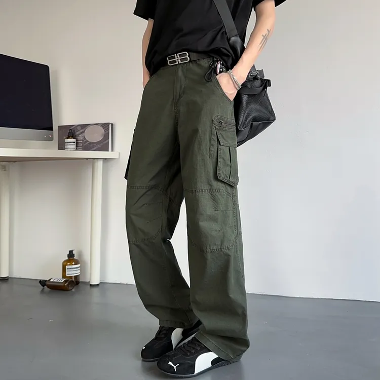 秋季新款经典军绿色工装裤男款重磅弯刀直筒长裤休闲裤男潮流裤子
