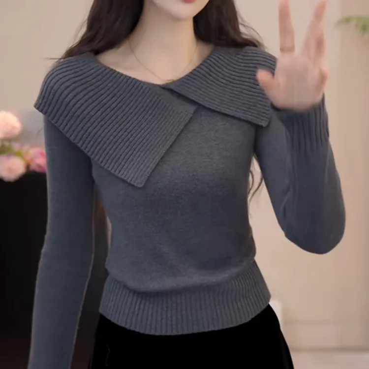 法式百搭气质大翻领针织衫女秋冬2025新款时尚灰色套头长袖毛衣