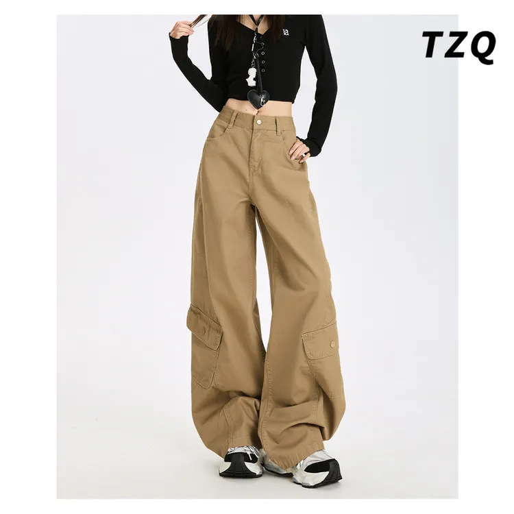 卡其色美式辣妹复古弯刀裤女百搭显瘦多口袋阔腿工装裤TZQ2581333
