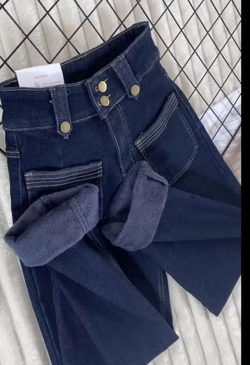 高腰静奢风刺绣牛仔裤弹力长裤直筒蓝色加绒秋季休闲韩版修身