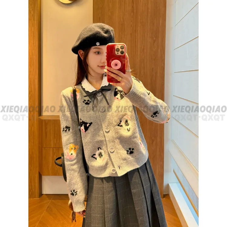 谢荞荞「萌宠脚印」美丽诺羊毛秋冬猫狗提花可拆卸翻领系带针织开衫