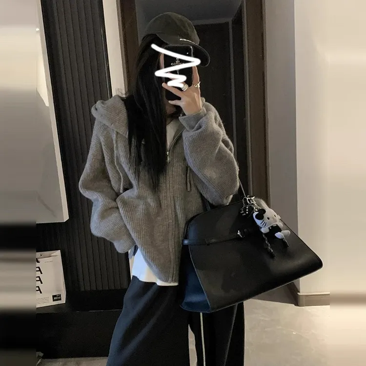 韩系连帽拉链毛衣女秋冬2025新款内搭慵懒高级感针织开衫卫衣外套