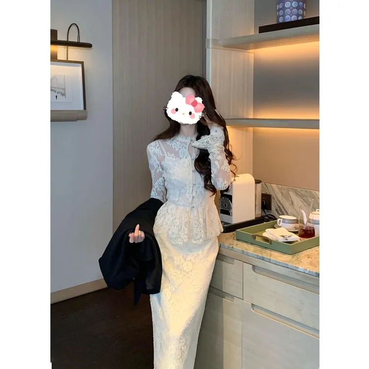 【皎月凝霜】早秋优雅修身蕾丝套装长袖收腰直筒半身裙