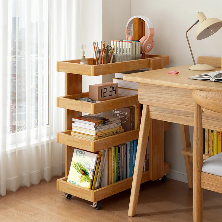 实木书桌旁书架落地置物架小推车家用书柜带轮零食多层收纳储物架