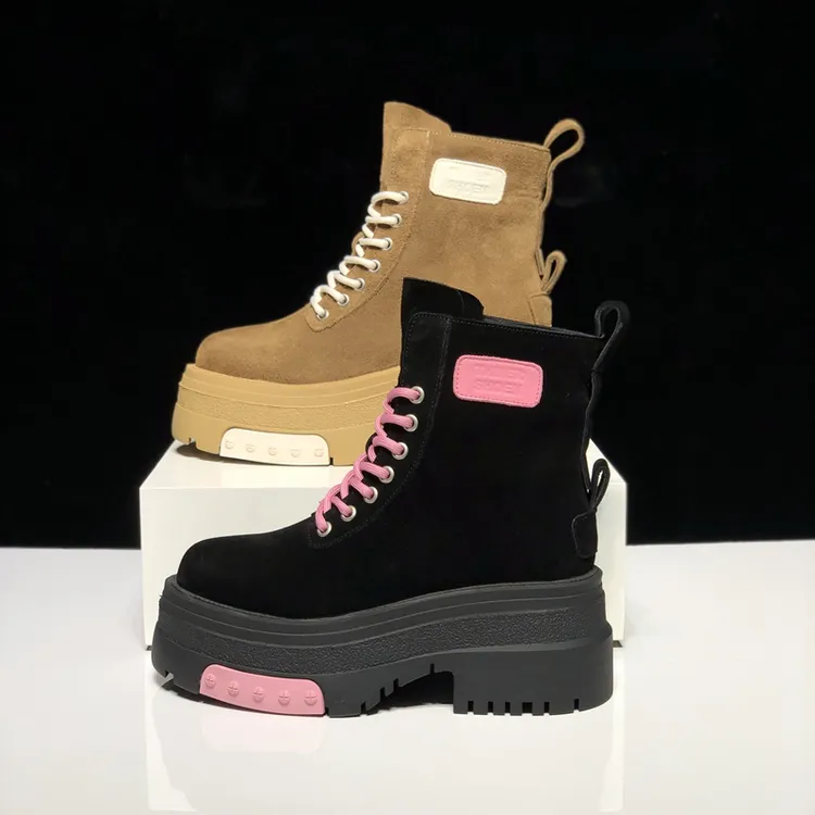 2025冬新款真皮厚底马丁靴女增高8cm短靴女加绒保暖欧货工装靴女