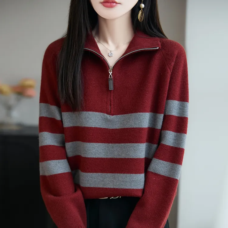 微胖mm春秋大码女士翻领条纹毛衣遮肚子巨显瘦上衣内搭针织打底衫
