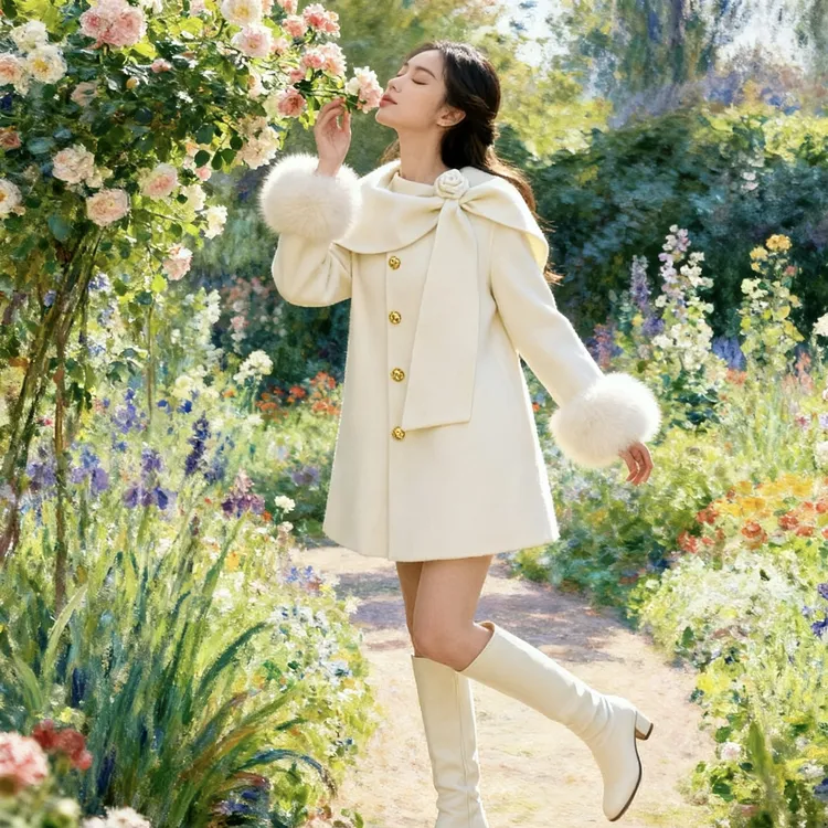 杨小卷 富家千金 狐狸毛袖双面羊毛白色大衣短款小香风双面呢外套