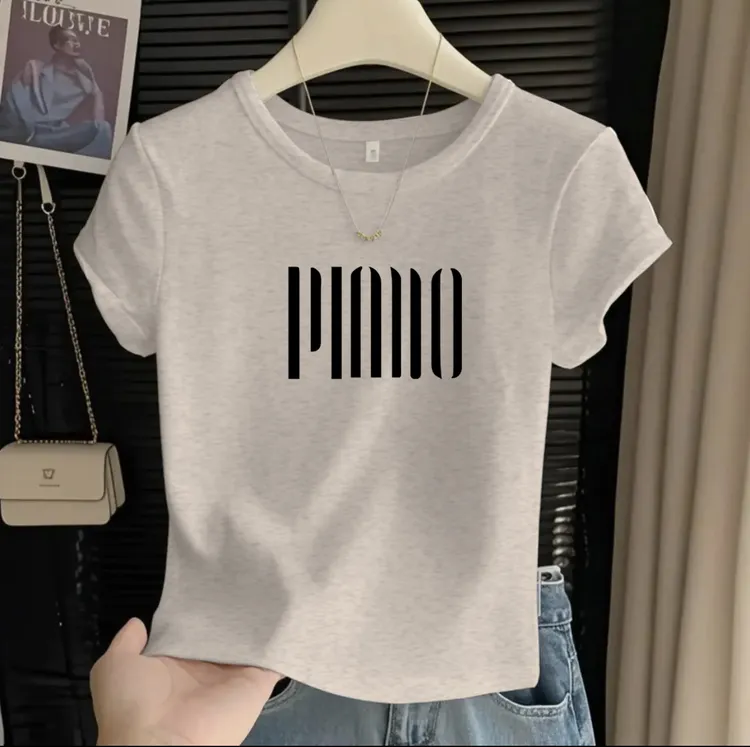 正肩棉质圆领短袖t恤女时尚百搭洋气减龄浅花灰色上衣打底衫夏季