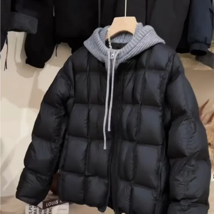 设计感针织拼接假两件羽绒服女2025冬季连帽白鸭绒小个子保暖外套