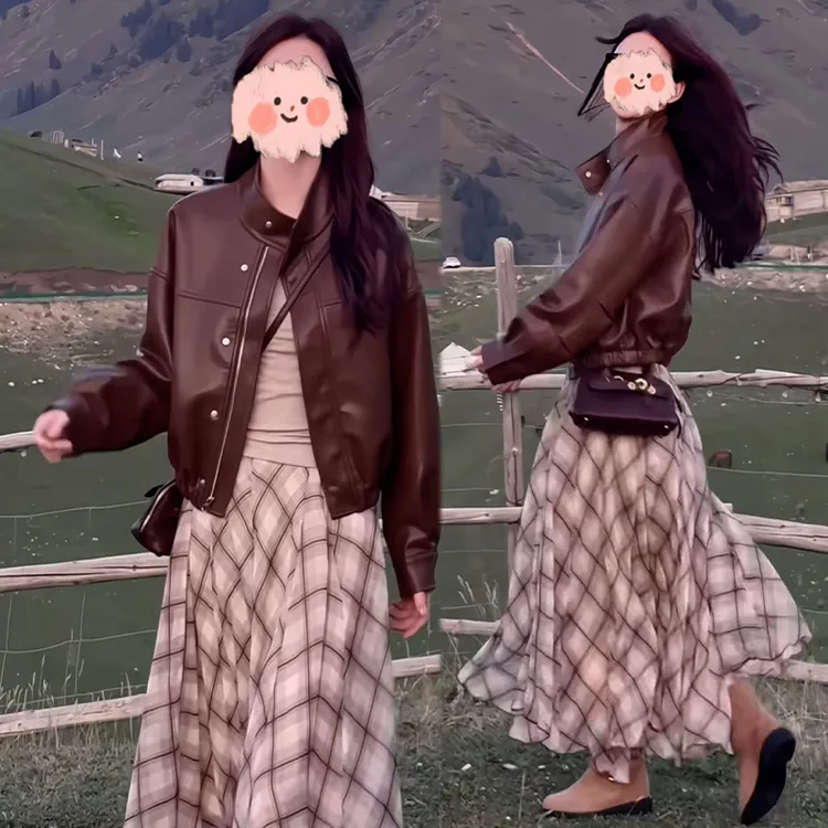 2025年夏季新款韩版时尚套装女洋气小众皮衣+休闲半身裙两件套潮