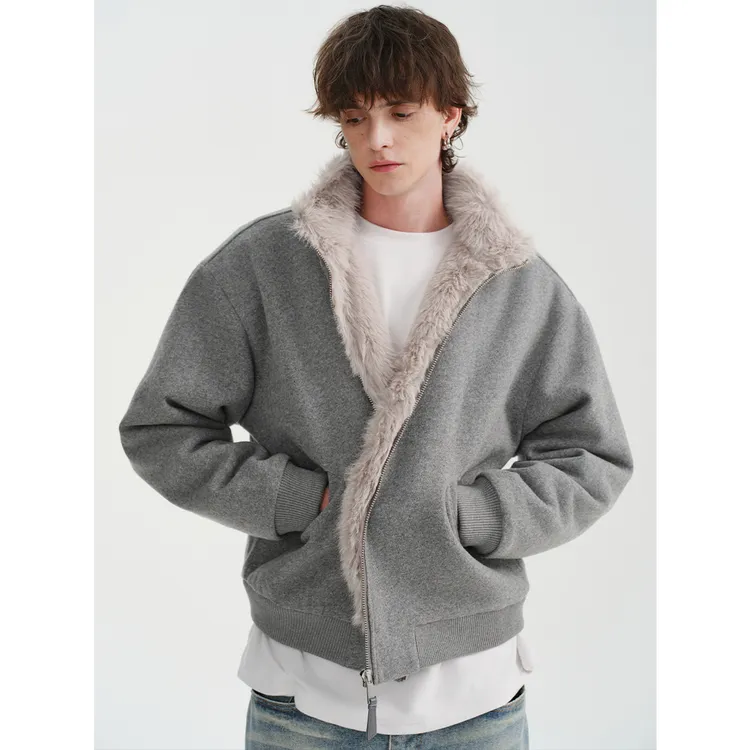 MIDASHAND 25aw50羊毛座山雕仿狐狸毛双面穿内里拼毛立领夹克外套