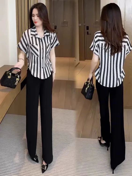 时尚条纹衬衫女士夏季新款中年妈妈款洋气短袖衬衣遮肚子宽松上衣