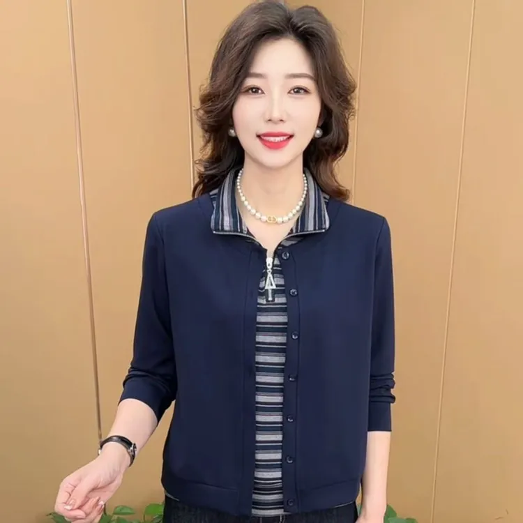 秋季新款时尚立领半拉链假两件洋气妈妈装休闲百搭长袖上衣K3077