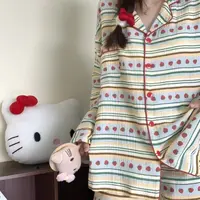 小橙子 甜美条纹长袖长裤慵懒风女生睡衣家居服