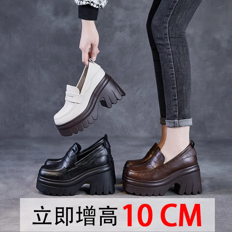 自产10cm粗跟乐福鞋女百搭真皮复古厚底高跟春秋英伦风一脚蹬单鞋