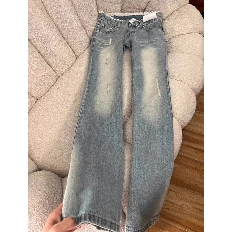 浅蓝美式蕾丝拼接微喇牛仔裤女2025春夏新款不贴腿显瘦拖地喇叭裤