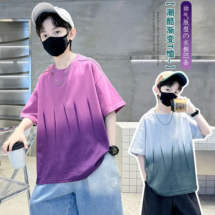 男童中大童纯棉圆领短袖t恤时髦洋气渐变撞色春夏新款儿童上衣潮