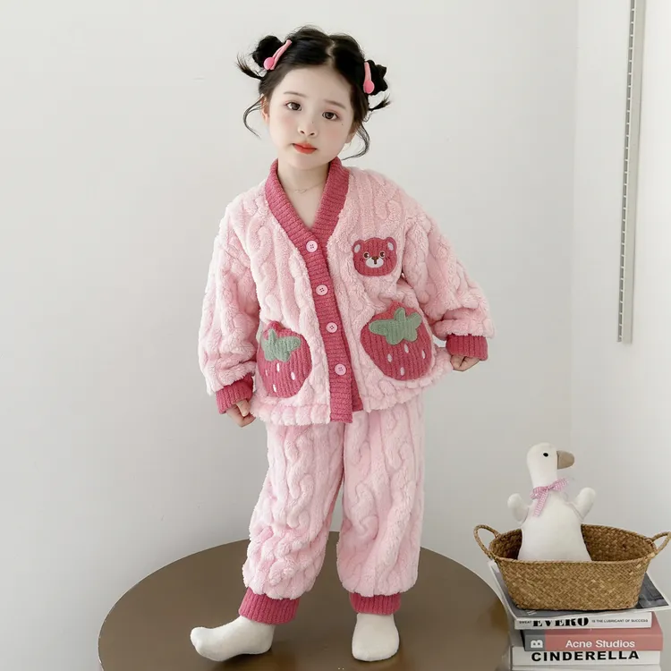 女童睡秋冬季珊瑚绒套装女宝宝冬款加厚儿童法兰绒家居服两件套