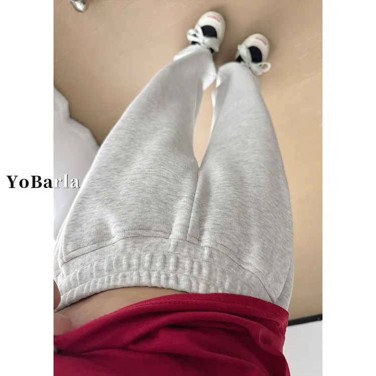 雪花灰直筒休闲卫裤女冬季加绒大码胖mm显瘦宽松垂感阔腿运动裤子