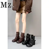 Mr.Zheng/6cm/头层水洗牛皮/复古百搭褶皱短靴皮带扣靴子堆堆靴