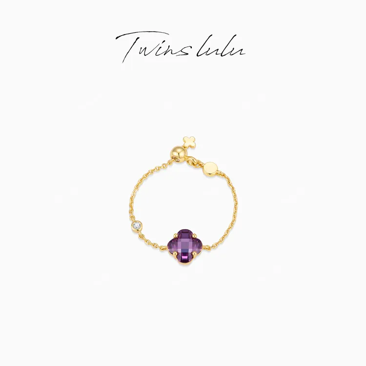 TWINS LULU 镀K金【紫菱花】设计感饰品紫色四叶推拉戒指TSS6853