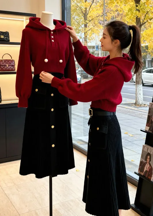 秋冬装搭配一整套高级感显瘦红色连帽针织上衣搭黑色半身裙两件套