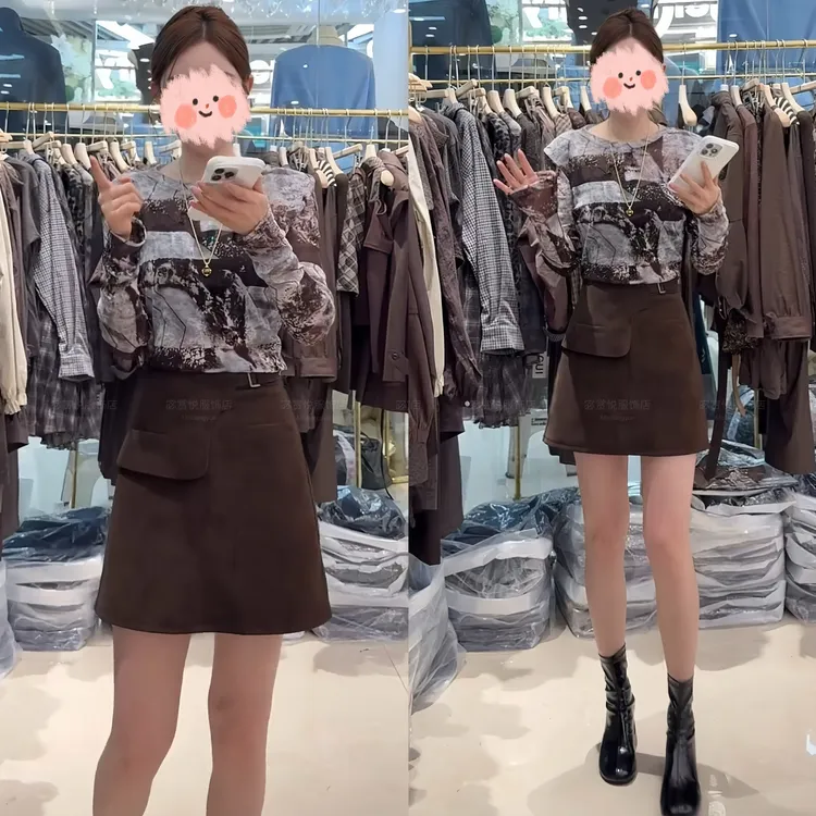 2025早秋新款辣妹风复古扎染轻奢长袖上衣百搭设计感时髦短裙套装