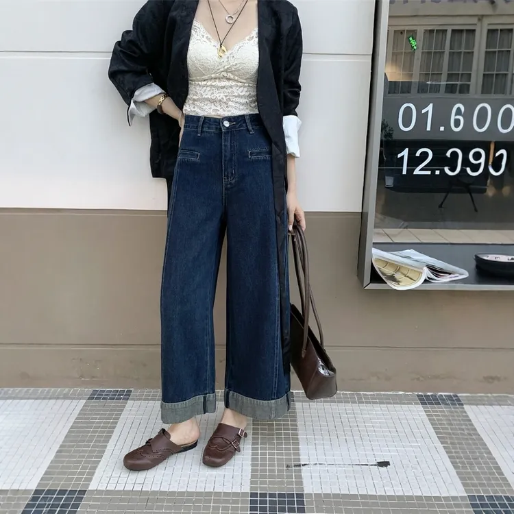 复古蓝直筒牛仔裤女2025秋季新款大码梨形身材高腰显瘦卷边阔腿裤