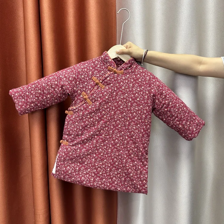 儿童中国风中长款唐装复古偏襟棉花衣宝宝冬款男女童碎花古风棉袄