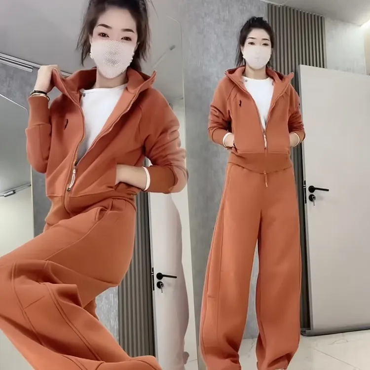 2025冬季加绒休闲运动韩版套装洋气开衫外套抽绳阔腿裤减龄两件套