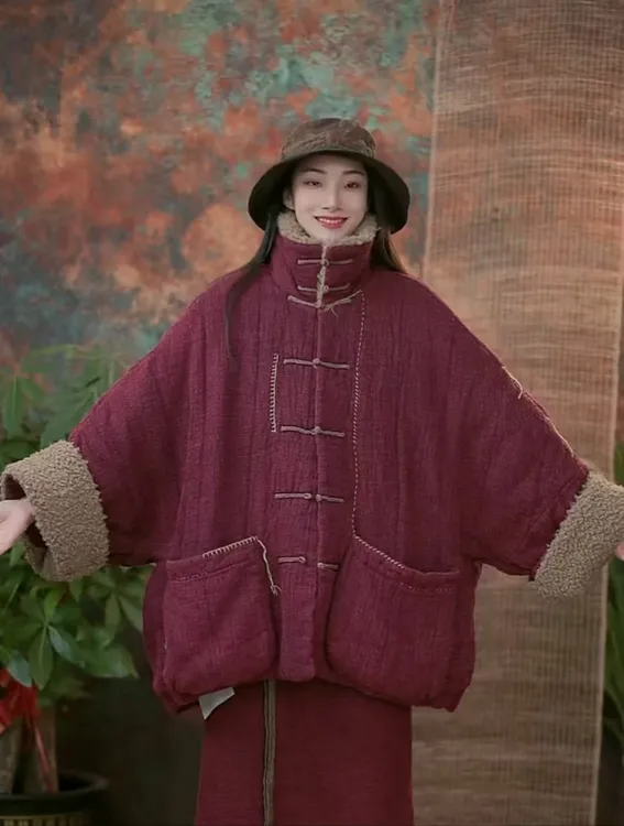 静一分享【觅棠】#241134 粗麻多手工盘扣立领短棉衣