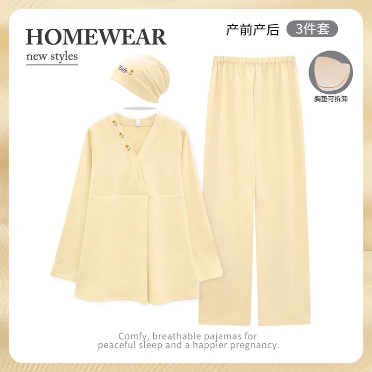 【送月子帽】带胸垫月子服纯棉春秋夏季产后产妇孕妇睡衣哺乳家居服商品图