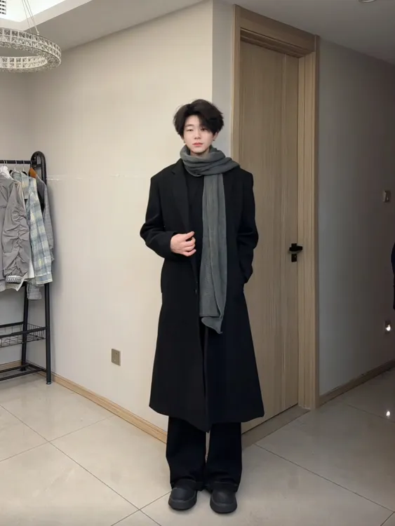 这一秒的心动男加长款过膝毛呢大衣英伦秋冬氛围感毛呢西装外套