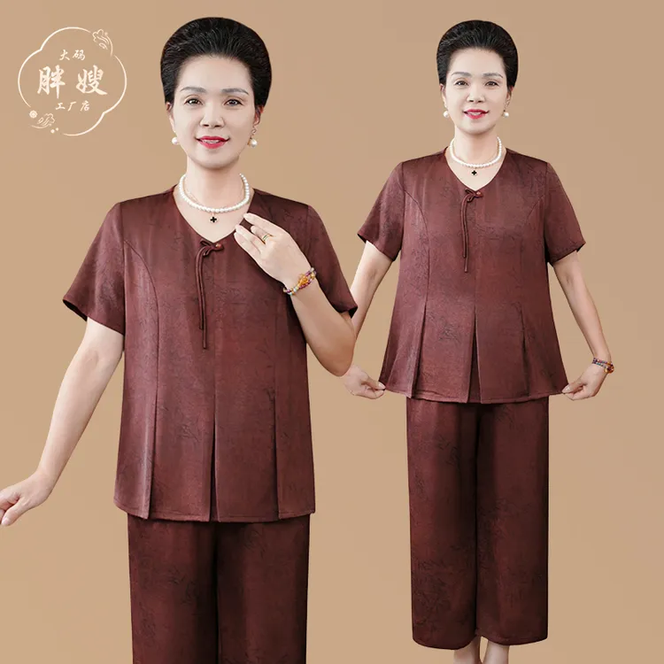 妈妈装夏装新中式时尚气质短袖上衣九分裤拼接套装国风显瘦两件套