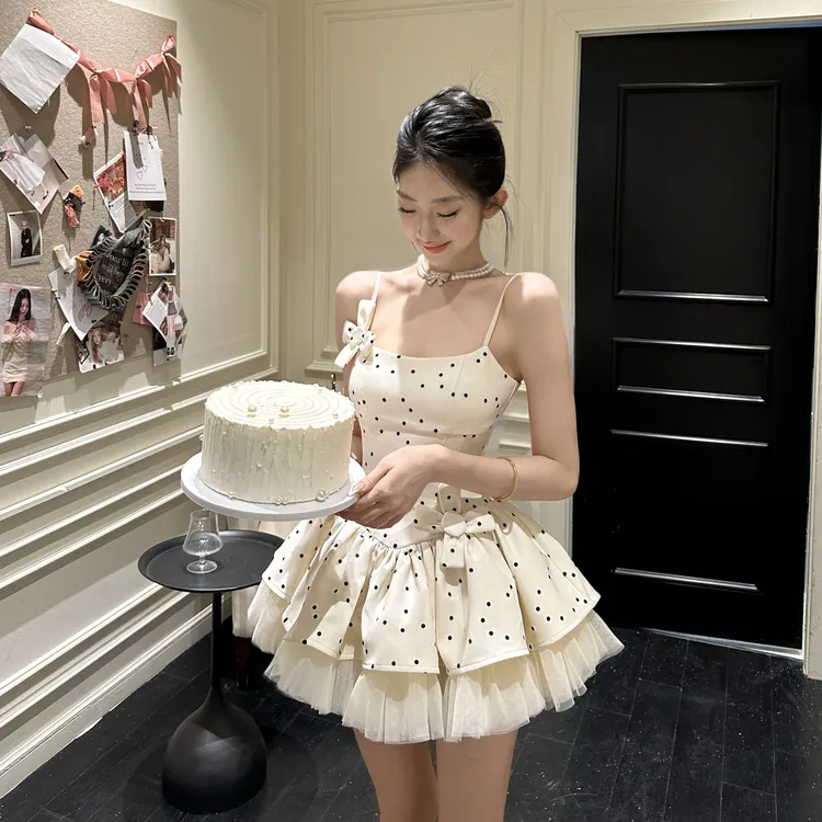 【绘梦羽纱】法式纯欲风波点修身网纱蓬蓬公主裙女款连衣裙