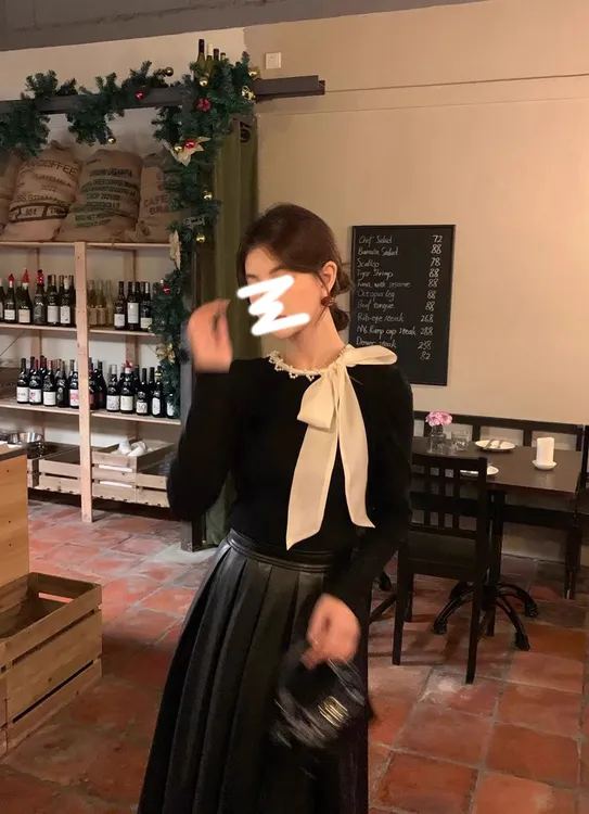 法式套装蝴蝶结系带长袖针织衫女装秋季2025新款皮裙半身裙两件套