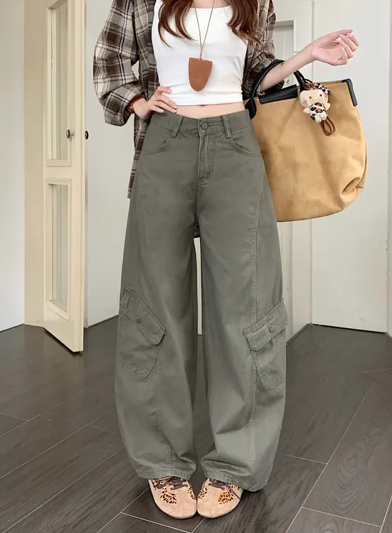 秋冬加绒加厚绿色宽松高腰阔腿裤女装新款百搭气质显瘦工装裤长裤