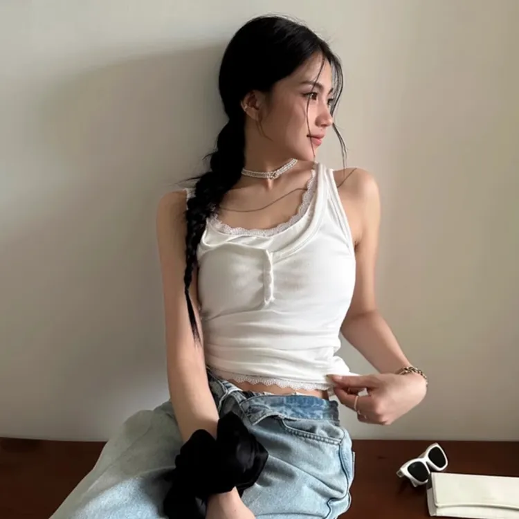 蕾丝花边假两件工字吊带背心女夏季外穿修身显瘦辣妹短款打底上衣