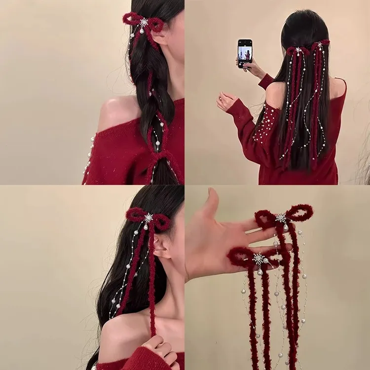 雪穗摇红～红色毛绒蝴蝶结雪花飘带发夹圣诞新年节日甜美头饰女