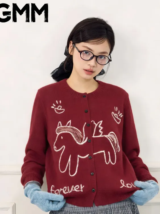 【马上有钱】新年款时尚休闲刺绣图案针织复古毛衣女时尚开衫W2-56