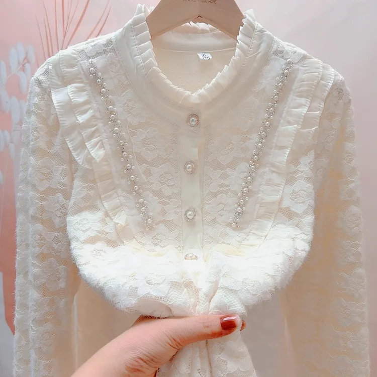 立领网纱加绒蕾丝打底衫长袖宽松衬衫显瘦内搭长袖时尚百搭小衫