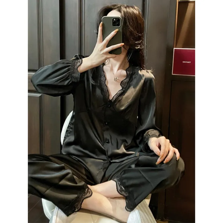 睡衣女春夏季新款冰丝法式可外穿性感薄款蕾丝长袖开衫家居服套装