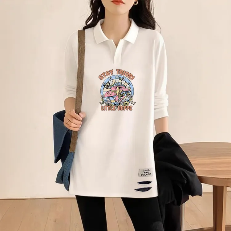 出游服装女秋季长款白色长袖t恤POLO领显瘦减龄慵懒风女士打底衫