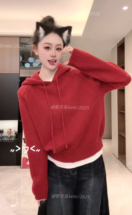 【安可乐】毛衣女款秋冬季日系慵懒风宽松套头连帽针织衫百搭上衣