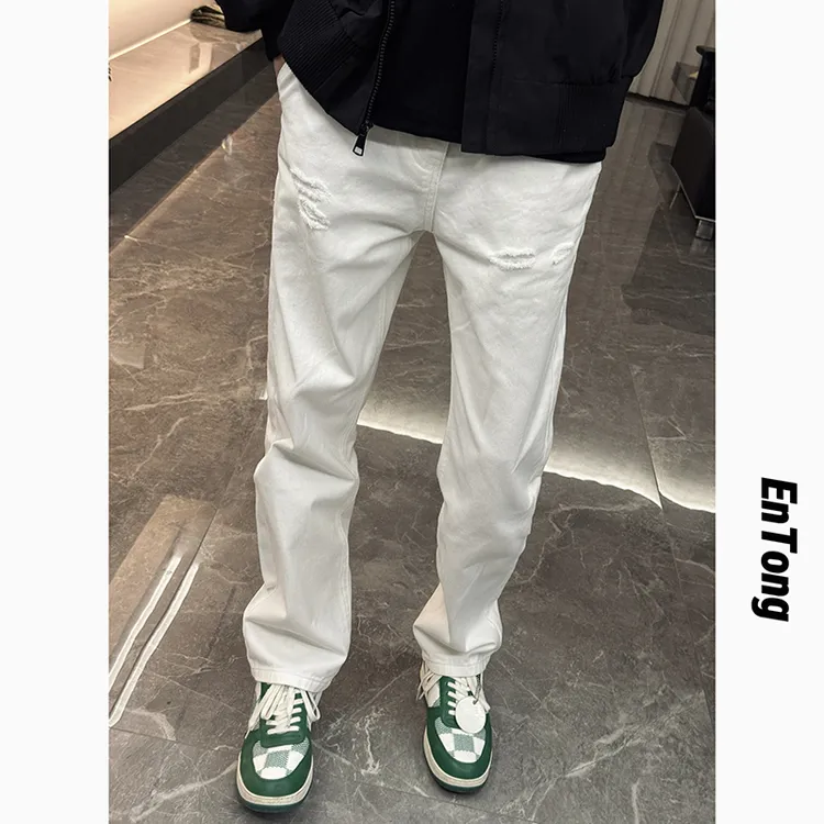 Entong春秋季潮流白色破洞牛仔裤男款美式高街宽松直筒痞帅长裤子
