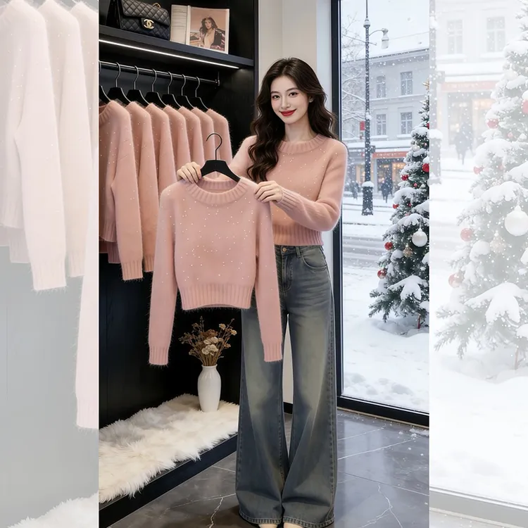 独特漂亮内搭粉色小衫打底毛衣女装秋冬新款洋气高贵针织衫上衣服