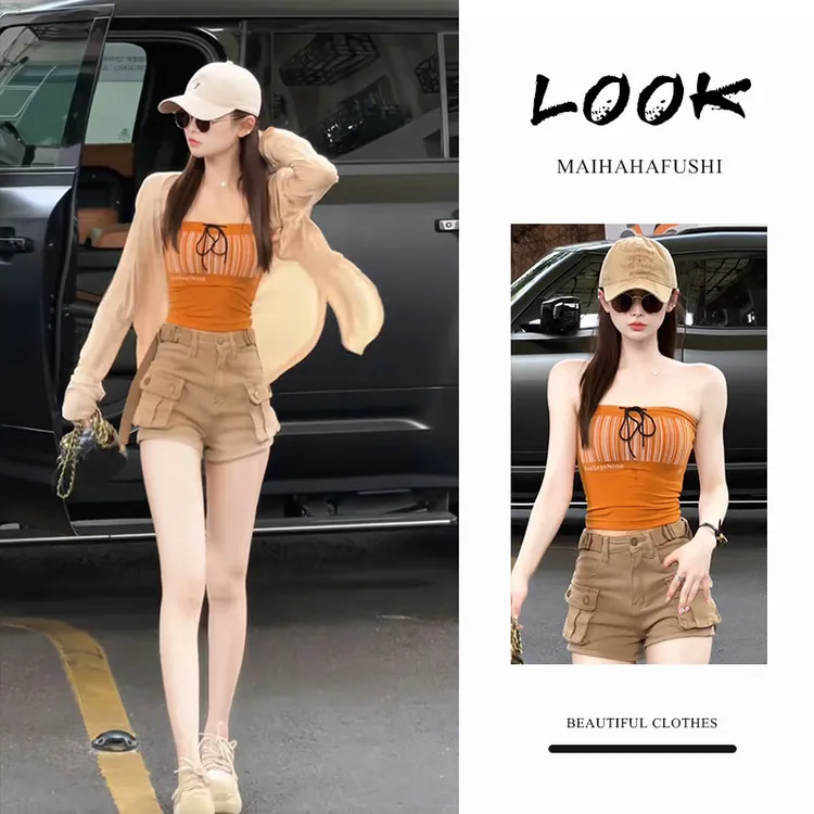 夏季时尚一整套女装2025新款爆款防晒开衫抹胸背心高腰短裤三件套