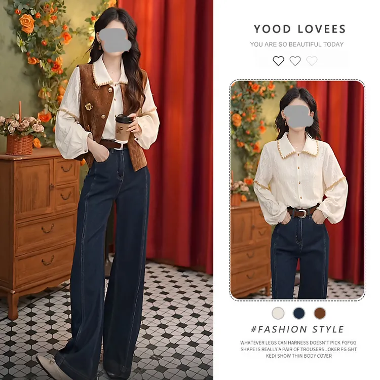2025春秋搭配一整套装复古港风气质减龄显瘦衬衫马甲阔腿裤三件套