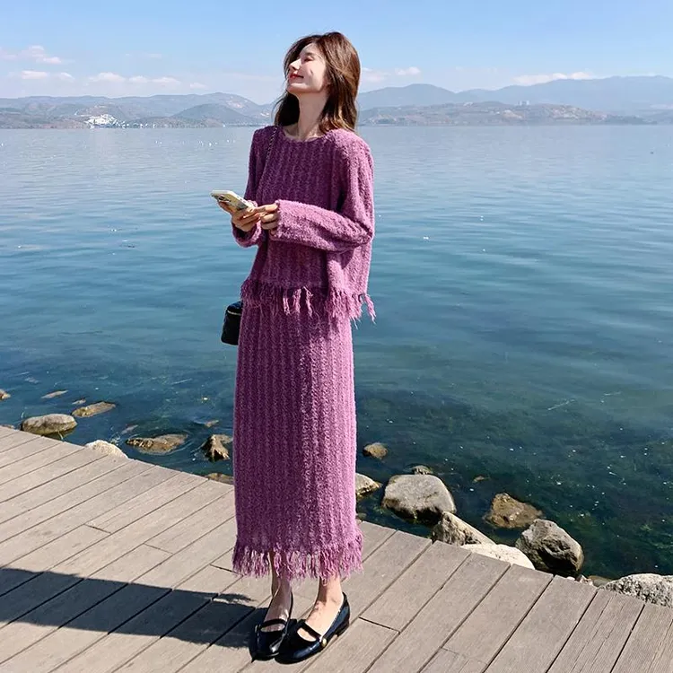 树莓紫小香风流苏套装裙女春季2025新款高级感超好看半身裙两件套